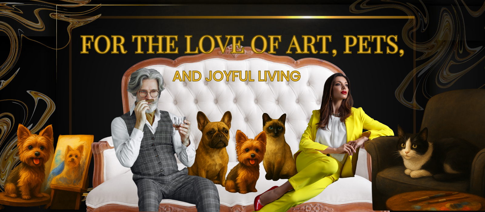 Promotional banner with a man and woman sitting on a couch with pets, featuring text about art, pets, and joyful living