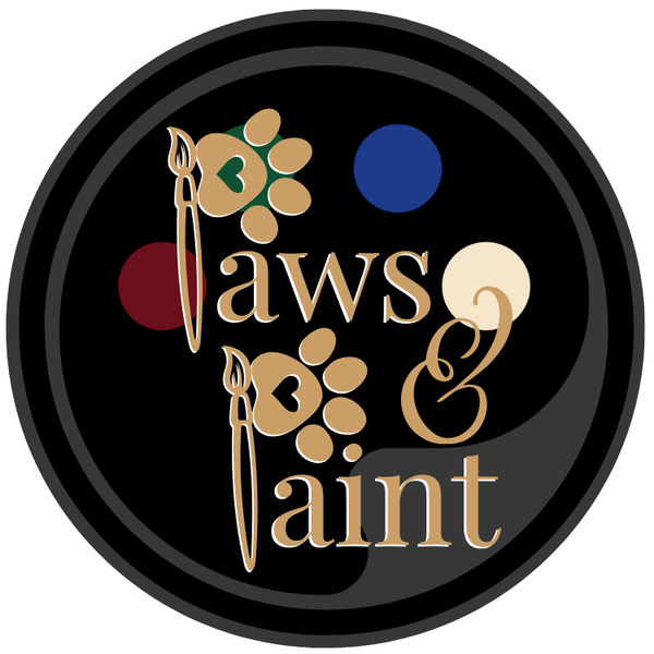 Logo for Paws n Paint text with paw prints and paintbrushes making up the letter P on an artist palette background